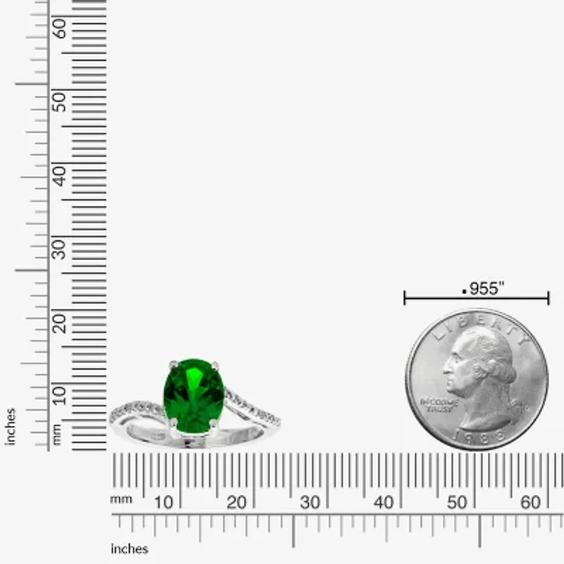 Womens Diamond Accent Lab Created Green Emerald Sterling Silver Oval Side Stone Cocktail Ring