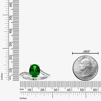 Womens Diamond Accent Lab Created Green Emerald Sterling Silver Oval Side Stone Cocktail Ring