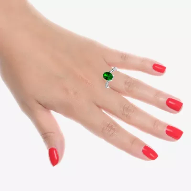 Womens Diamond Accent Lab Created Green Emerald Sterling Silver Oval Side Stone Cocktail Ring