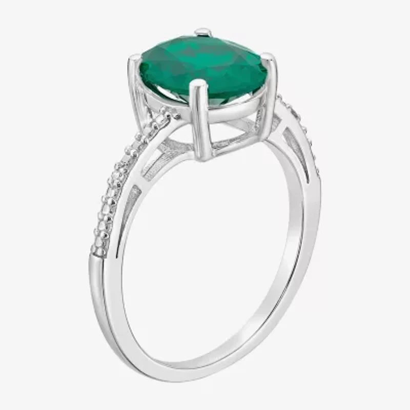 Womens Diamond Accent Lab Created Green Emerald Sterling Silver Oval Side Stone Cocktail Ring
