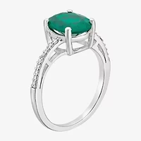 Womens Diamond Accent Lab Created Green Emerald Sterling Silver Oval Side Stone Cocktail Ring