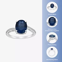 Womens Diamond Accent Lab Created Sapphire Sterling Silver Oval Side Stone Cocktail Ring