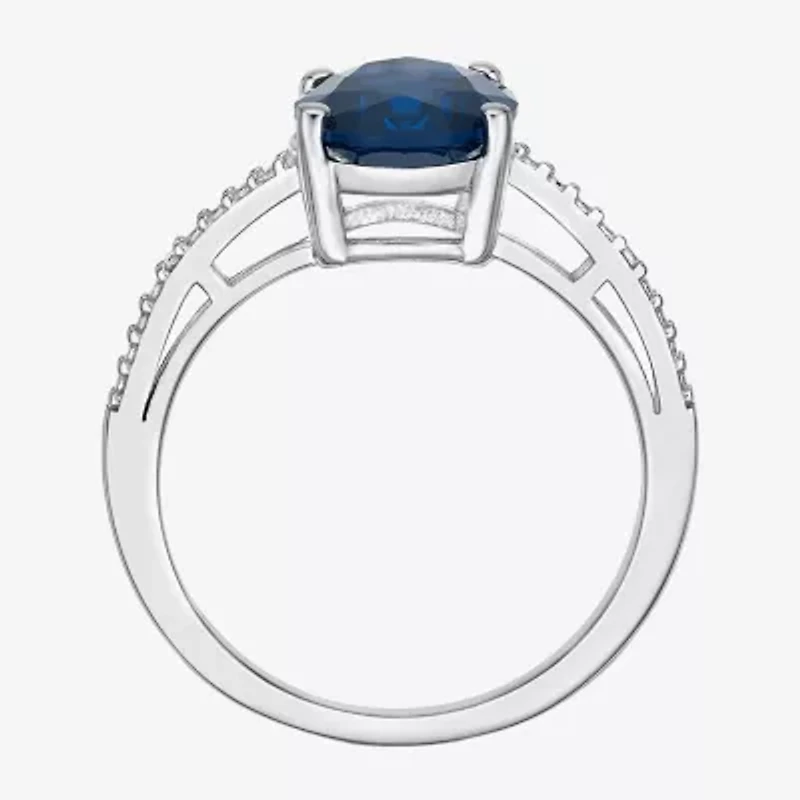 Womens Diamond Accent Lab Created Sapphire Sterling Silver Oval Side Stone Cocktail Ring