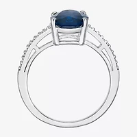 Womens Diamond Accent Lab Created Sapphire Sterling Silver Oval Side Stone Cocktail Ring