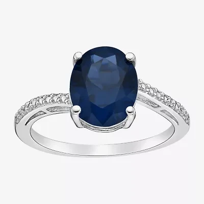 Womens Diamond Accent Lab Created Sapphire Sterling Silver Oval Side Stone Cocktail Ring
