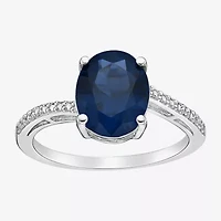 Womens Diamond Accent Lab Created Sapphire Sterling Silver Oval Side Stone Cocktail Ring