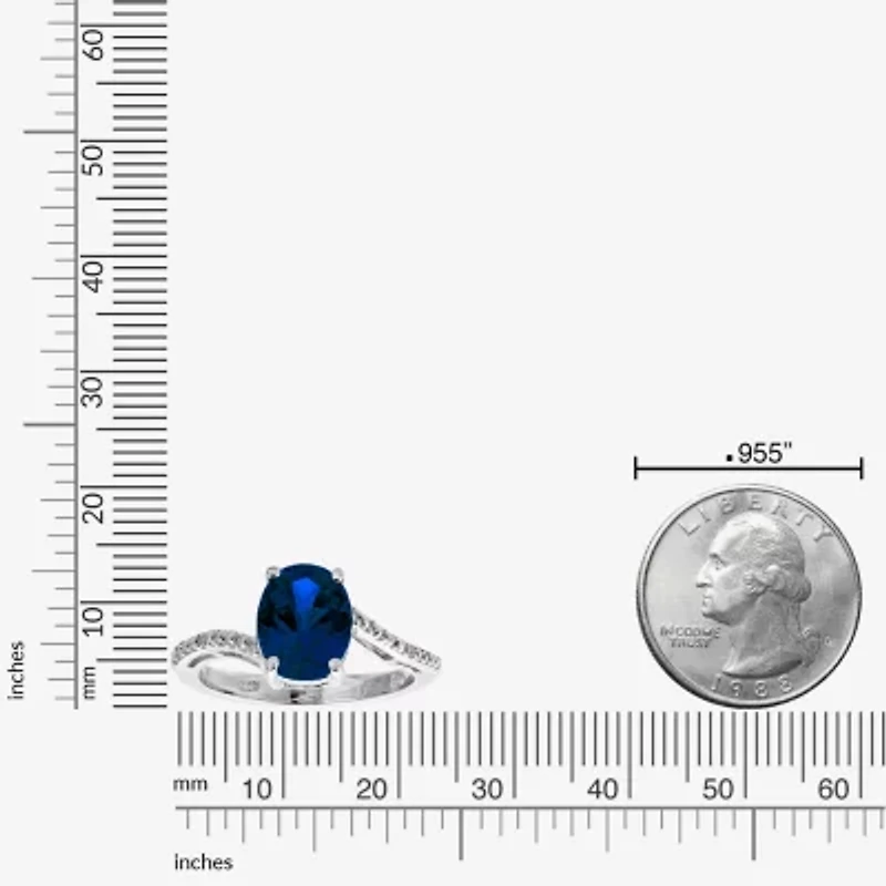 Womens Diamond Accent Lab Created Sapphire Sterling Silver Oval Side Stone Cocktail Ring