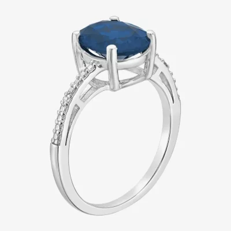 Womens Diamond Accent Lab Created Sapphire Sterling Silver Oval Side Stone Cocktail Ring