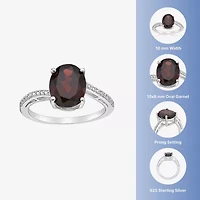 Womens Diamond Accent Genuine Red Garnet Sterling Silver Oval Side Stone Cocktail Ring