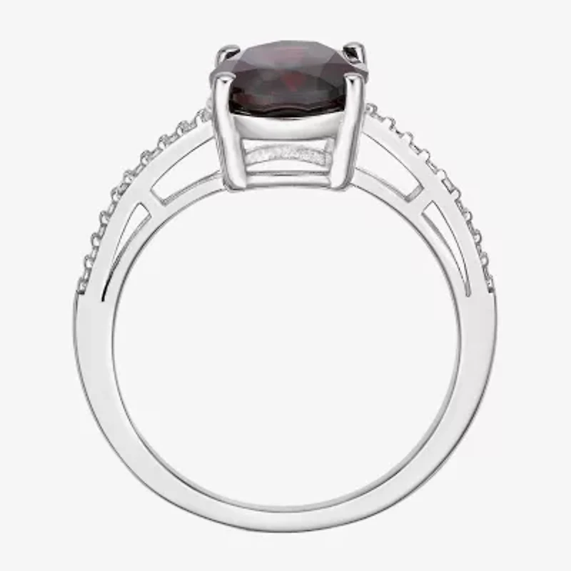Womens Diamond Accent Genuine Red Garnet Sterling Silver Oval Side Stone Cocktail Ring