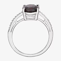 Womens Diamond Accent Genuine Red Garnet Sterling Silver Oval Side Stone Cocktail Ring