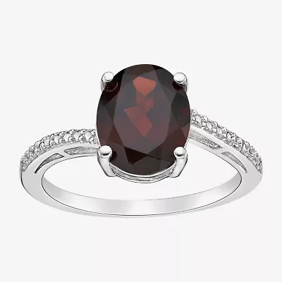 Womens Diamond Accent Genuine Red Garnet Sterling Silver Oval Side Stone Cocktail Ring