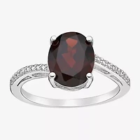 Womens Diamond Accent Genuine Red Garnet Sterling Silver Oval Side Stone Cocktail Ring