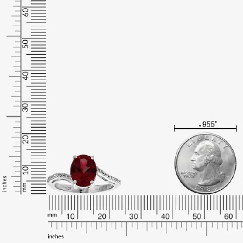 Womens Diamond Accent Genuine Red Garnet Sterling Silver Oval Side Stone Cocktail Ring