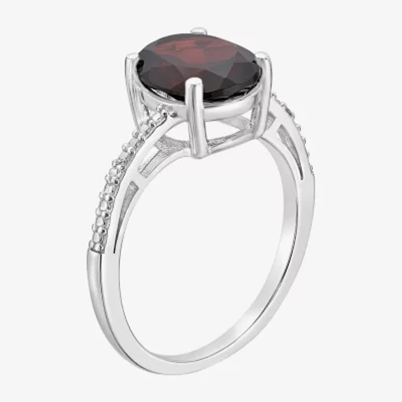 Womens Diamond Accent Genuine Red Garnet Sterling Silver Oval Side Stone Cocktail Ring