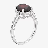 Womens Diamond Accent Genuine Red Garnet Sterling Silver Oval Side Stone Cocktail Ring