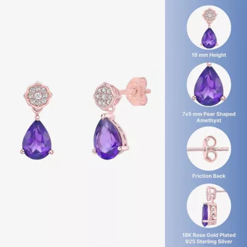 Womens Genuine Purple Amethyst 18K Rose Gold Over Silver Pear Drop Earrings