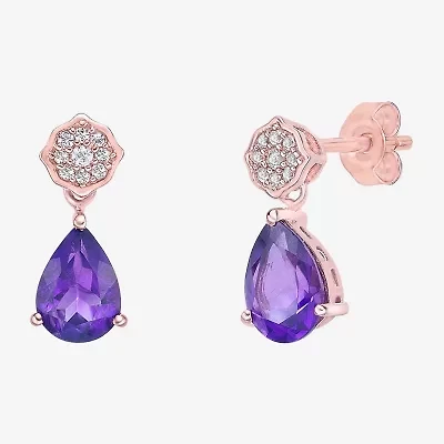 Womens Genuine Purple Amethyst 18K Rose Gold Over Silver Pear Drop Earrings