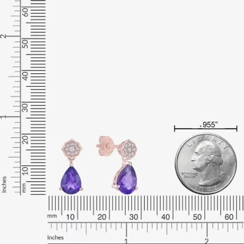 Womens Genuine Purple Amethyst 18K Rose Gold Over Silver Pear Drop Earrings
