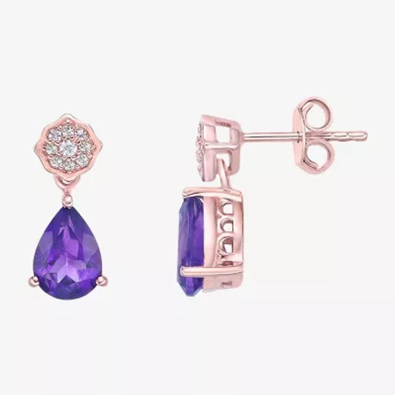 Womens Genuine Purple Amethyst 18K Rose Gold Over Silver Pear Drop Earrings