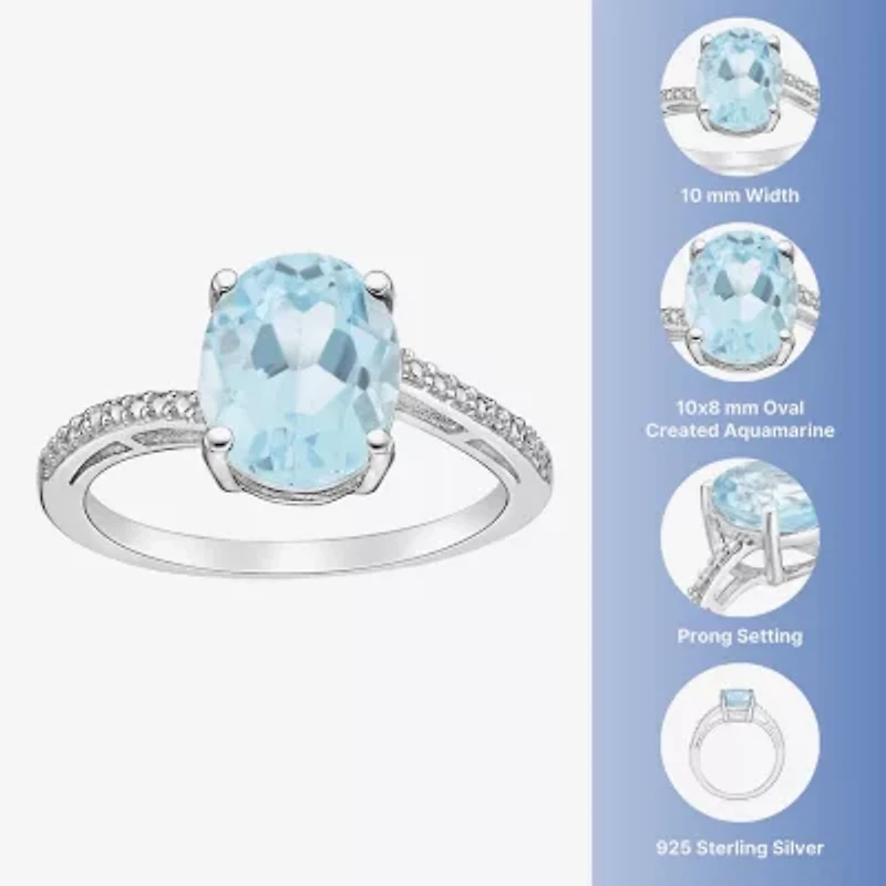 Womens Diamond Accent Lab Created Blue Aquamarine Sterling Silver Oval Side Stone Cocktail Ring