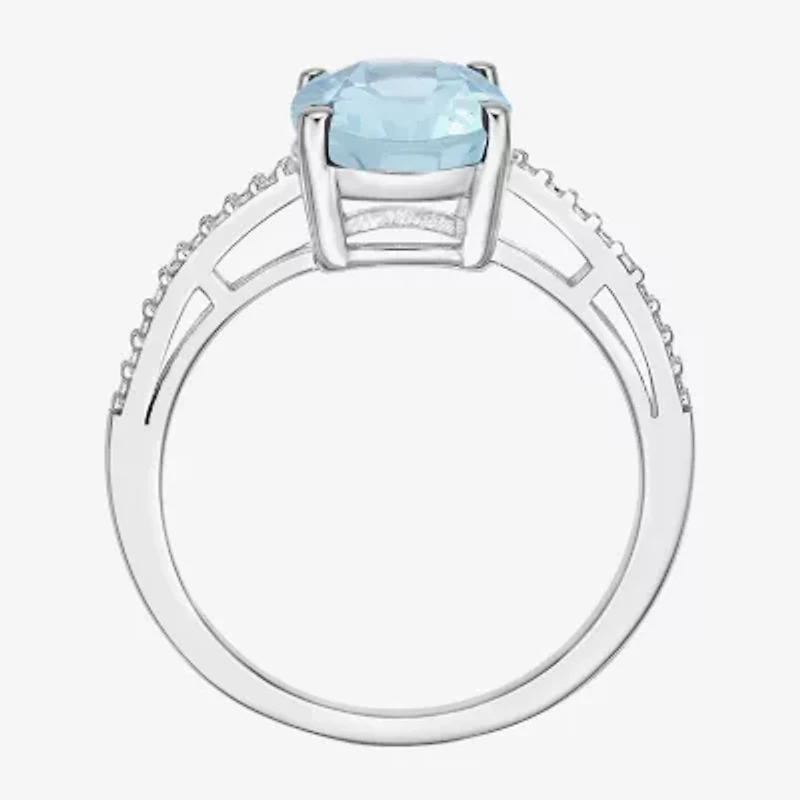 Womens Diamond Accent Lab Created Blue Aquamarine Sterling Silver Oval Side Stone Cocktail Ring