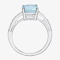 Womens Diamond Accent Lab Created Blue Aquamarine Sterling Silver Oval Side Stone Cocktail Ring