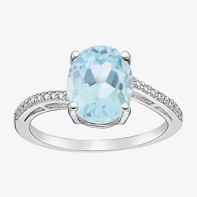Womens Diamond Accent Lab Created Blue Aquamarine Sterling Silver Oval Side Stone Cocktail Ring