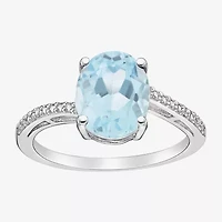 Womens Diamond Accent Lab Created Blue Aquamarine Sterling Silver Oval Side Stone Cocktail Ring
