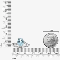 Womens Diamond Accent Lab Created Blue Aquamarine Sterling Silver Oval Side Stone Cocktail Ring