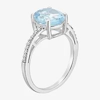 Womens Diamond Accent Lab Created Blue Aquamarine Sterling Silver Oval Side Stone Cocktail Ring