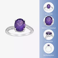 Womens Diamond Accent Genuine Purple Amethyst Sterling Silver Oval Side Stone Cocktail Ring