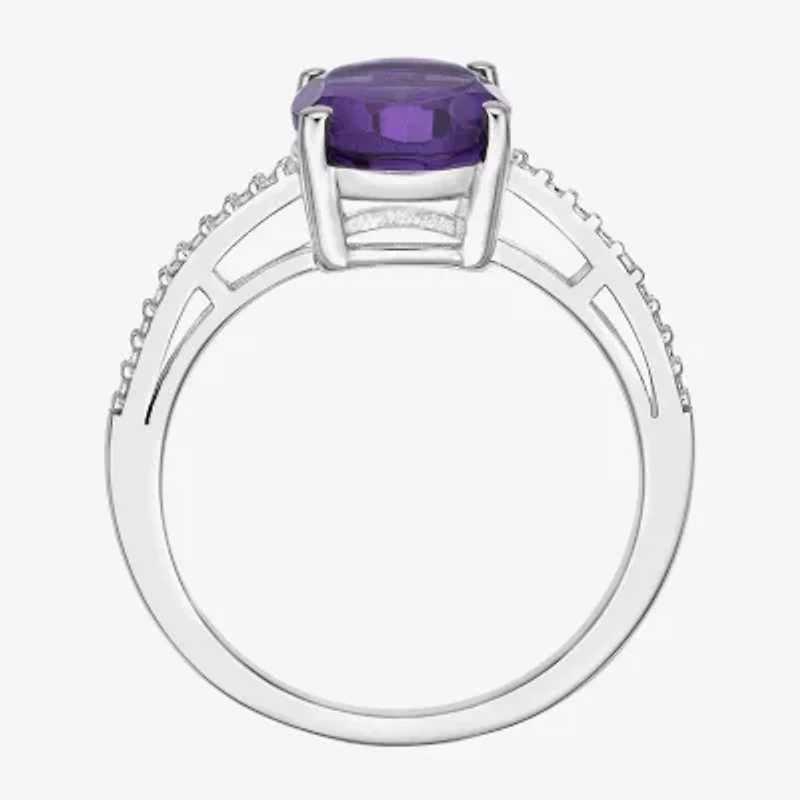 Womens Diamond Accent Genuine Purple Amethyst Sterling Silver Oval Side Stone Cocktail Ring