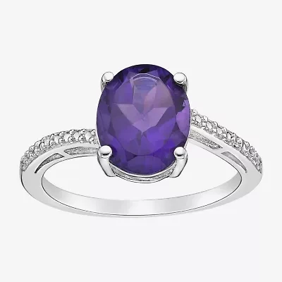 Womens Diamond Accent Genuine Purple Amethyst Sterling Silver Oval Side Stone Cocktail Ring