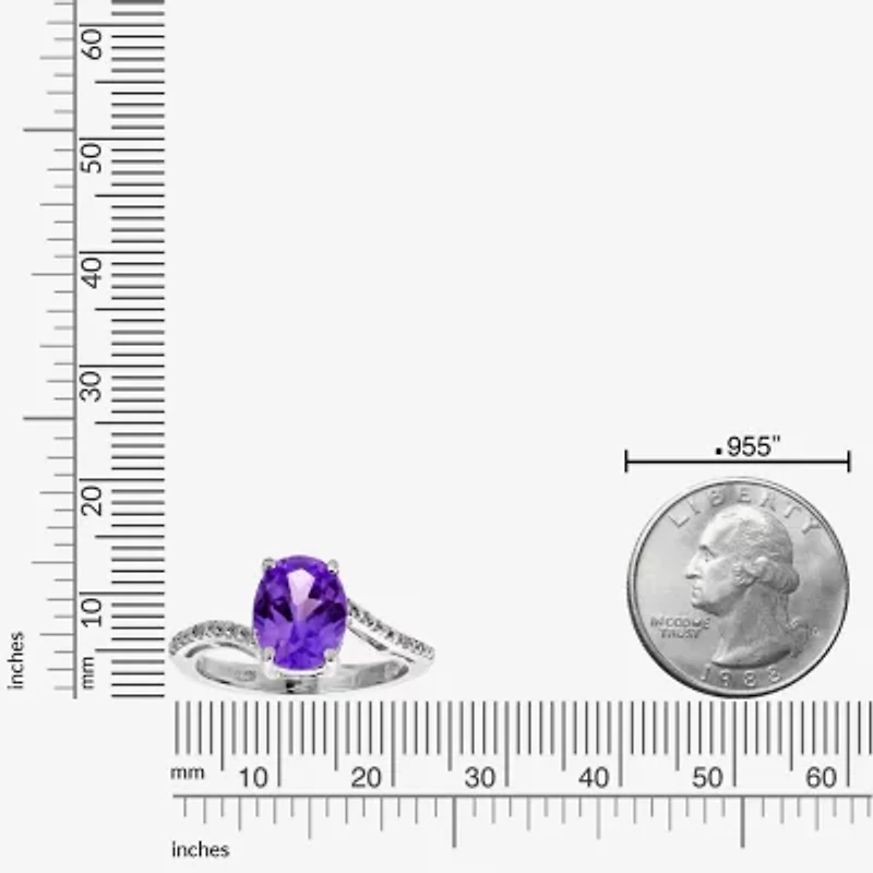 Womens Diamond Accent Genuine Purple Amethyst Sterling Silver Oval Side Stone Cocktail Ring