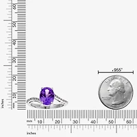 Womens Diamond Accent Genuine Purple Amethyst Sterling Silver Oval Side Stone Cocktail Ring