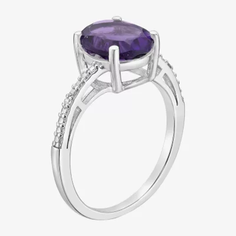 Womens Diamond Accent Genuine Purple Amethyst Sterling Silver Oval Side Stone Cocktail Ring