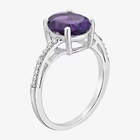 Womens Diamond Accent Genuine Purple Amethyst Sterling Silver Oval Side Stone Cocktail Ring