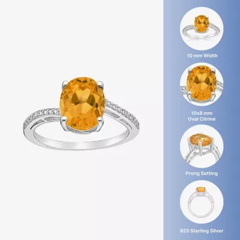 Womens Diamond Accent Genuine Yellow Citrine Sterling Silver Oval Side Stone Cocktail Ring