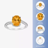 Womens Diamond Accent Genuine Yellow Citrine Sterling Silver Oval Side Stone Cocktail Ring