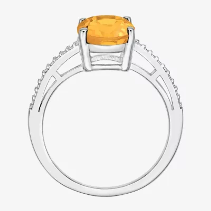 Womens Diamond Accent Genuine Yellow Citrine Sterling Silver Oval Side Stone Cocktail Ring