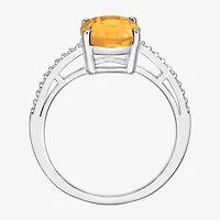 Womens Diamond Accent Genuine Yellow Citrine Sterling Silver Oval Side Stone Cocktail Ring