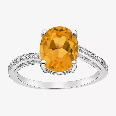 Womens Diamond Accent Genuine Yellow Citrine Sterling Silver Oval Side Stone Cocktail Ring
