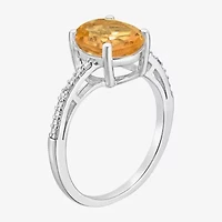 Womens Diamond Accent Genuine Yellow Citrine Sterling Silver Oval Side Stone Cocktail Ring