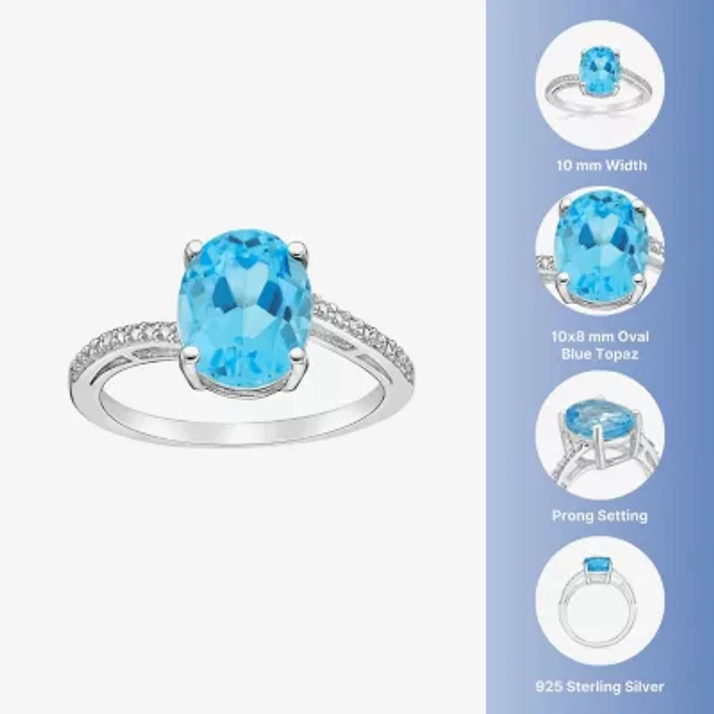 Womens Diamond Accent Genuine Blue Topaz Sterling Silver Oval Side Stone Cocktail Ring
