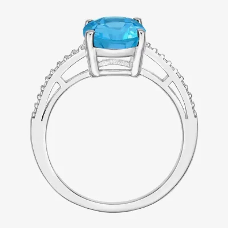 Womens Diamond Accent Genuine Blue Topaz Sterling Silver Oval Side Stone Cocktail Ring