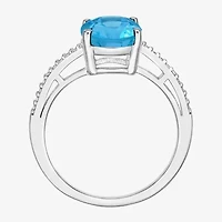Womens Diamond Accent Genuine Blue Topaz Sterling Silver Oval Side Stone Cocktail Ring