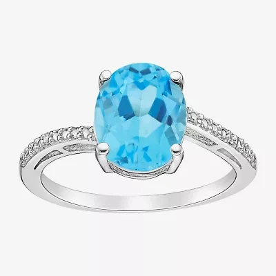 Womens Diamond Accent Genuine Blue Topaz Sterling Silver Oval Side Stone Cocktail Ring