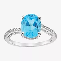Womens Diamond Accent Genuine Blue Topaz Sterling Silver Oval Side Stone Cocktail Ring