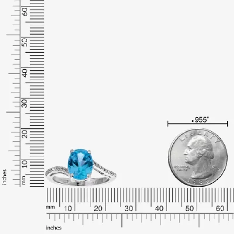 Womens Diamond Accent Genuine Blue Topaz Sterling Silver Oval Side Stone Cocktail Ring